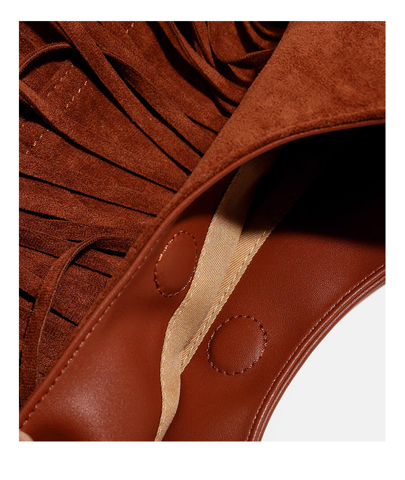 Cognac brown suede-look hobo shoulder bag with layered fringe trim and single loop strap, detail view 15