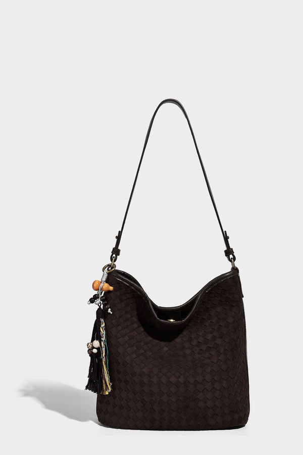 Dark chocolate woven texture hobo shoulder bag with multicolor tassel-and-bead charm and long adjustable strap, detail view