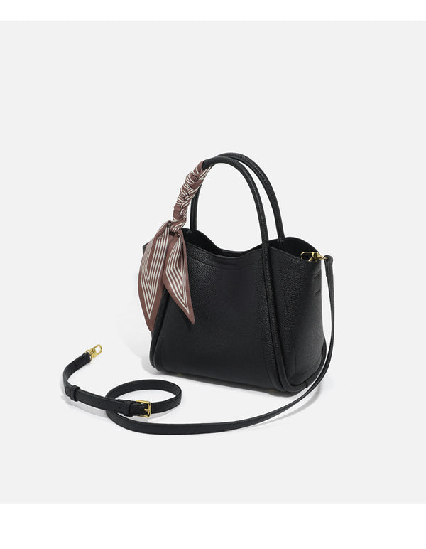 Pebbled leather-look bucket tote bag with scarf-wrapped top handle and gold-tone hardware, detail view 20