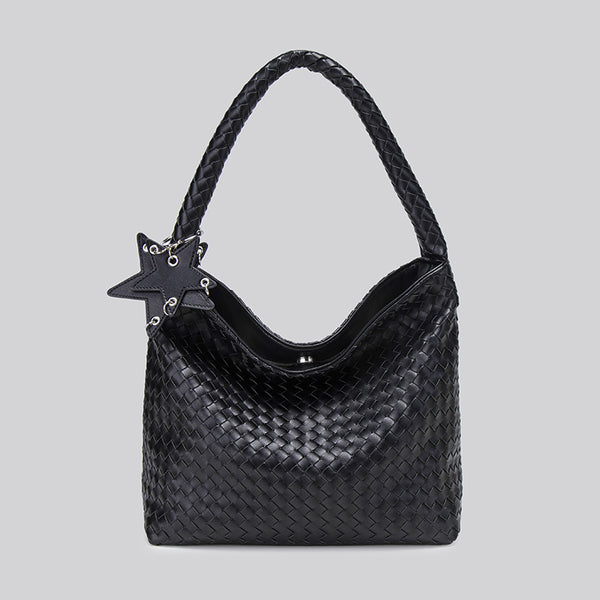 Large woven leather-look hobo shoulder bag with braided strap and star charm, detail view 7
