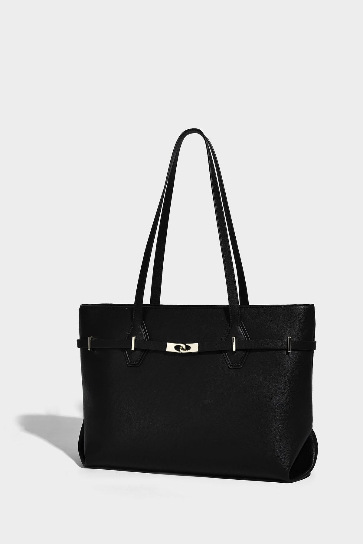 Structured suede-look shopper tote with wraparound belt strap and gold turn-lock clasp, long dark brown shoulder handles