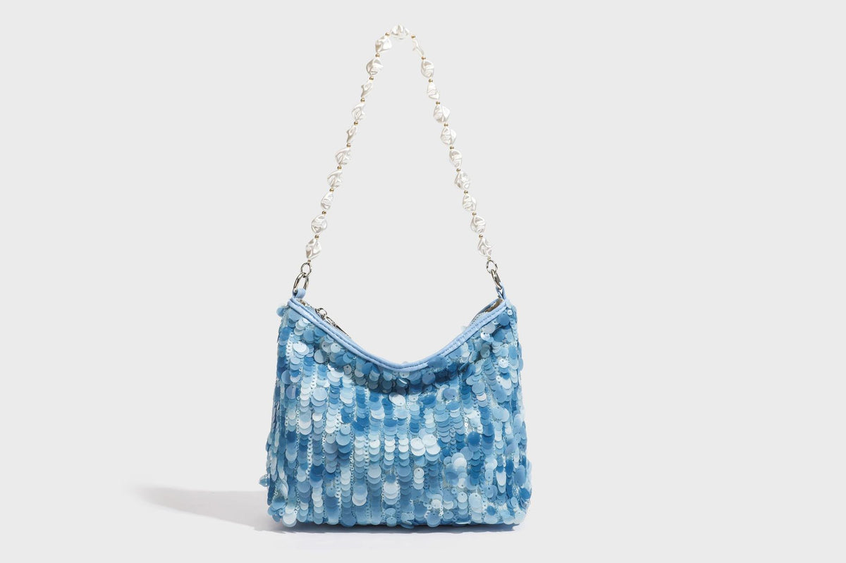 Small crescent sequin shoulder bag with pearl beaded strap and zip closure, detail view 38