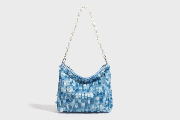 Small crescent sequin shoulder bag with pearl beaded strap and zip closure, detail view 38