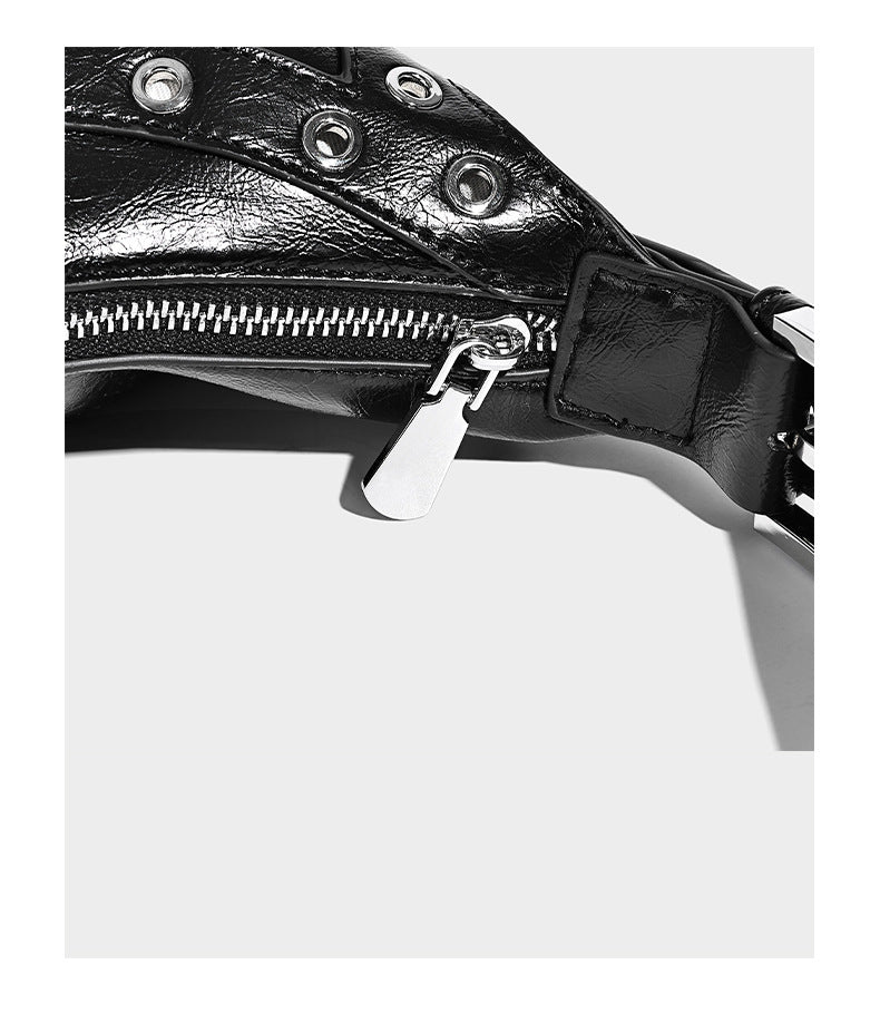 Glossy crescent hobo bag with silver-tone grommets, square buckle straps, and top zipper closure, detail view 8