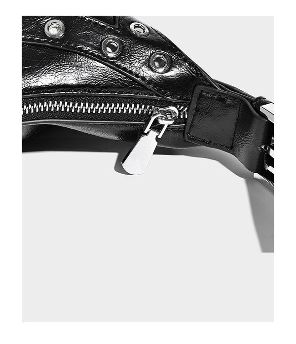 Glossy crescent hobo bag with silver-tone grommets, square buckle straps, and top zipper closure, detail view 8