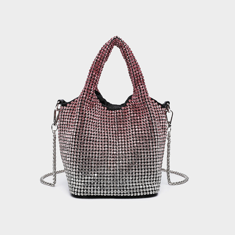 Small all-over rhinestone crystal bucket bag with twin handles and detachable chain shoulder strap, detail view 12