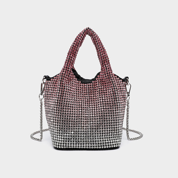 Small all-over rhinestone crystal bucket bag with twin handles and detachable chain shoulder strap, detail view 12