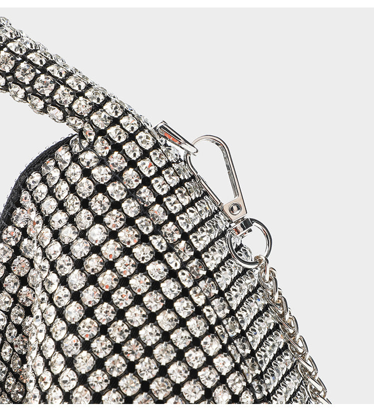 All-over crystal rhinestone hobo bag with silver chain strap and top handle, top zip closure, detail view 14