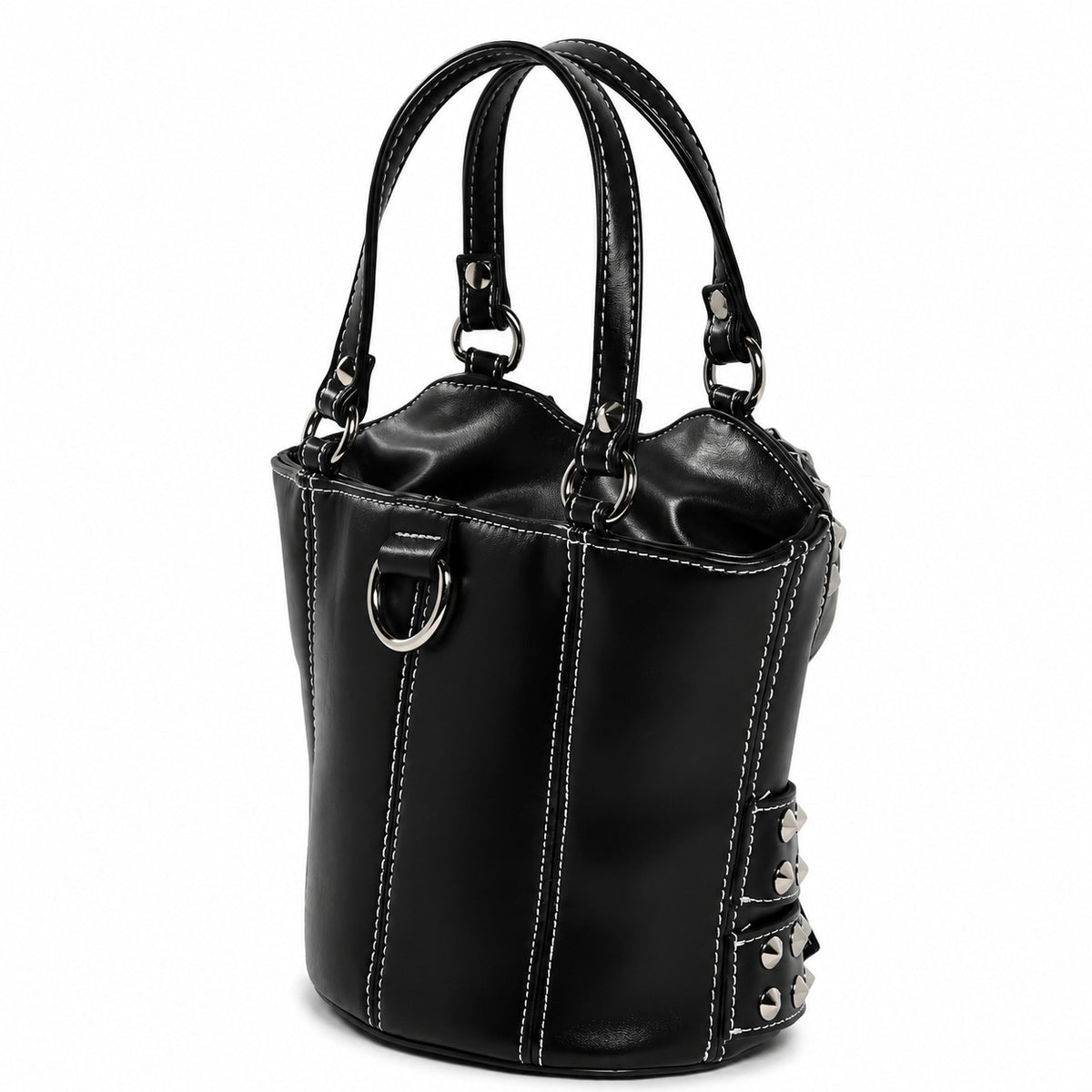 Strukturierte Henkeltasche in Korsettform mit silberfarbenen Kegelnieten und doppeltem Schnallengürtel-Detail, Detailansicht 15
