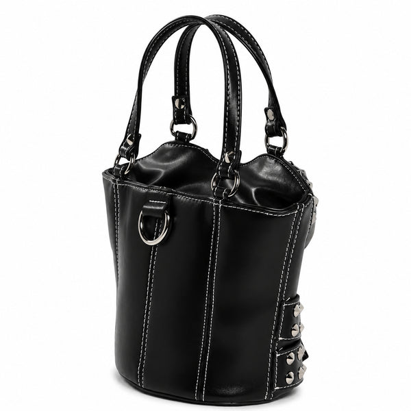Strukturierte Henkeltasche in Korsettform mit silberfarbenen Kegelnieten und doppeltem Schnallengürtel-Detail, Detailansicht 15