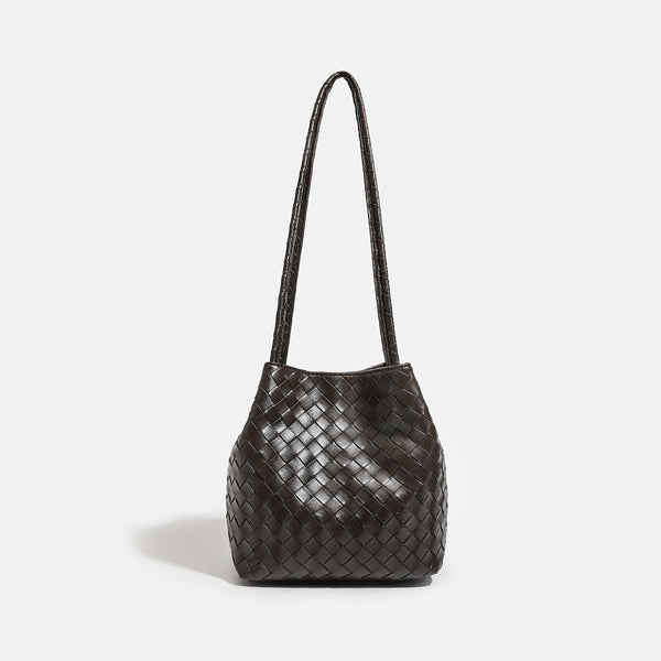 Glossy basket-weave leather-look shoulder tote bag with long braided straps and open top, detail view 9