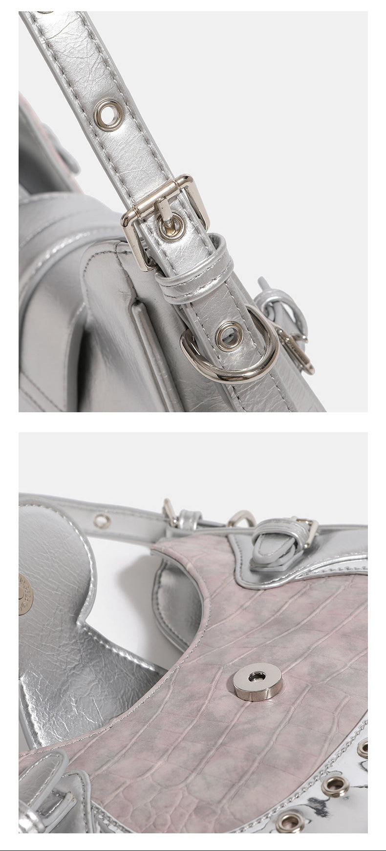 Compact croc-embossed leather-look shoulder bag with silver grommet trim, buckle strap detail, and four-point star turn-lock