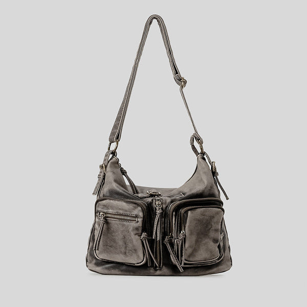 Distressed gunmetal gray hobo shoulder bag with multiple front zip pockets and adjustable crossbody strap, detail view 6