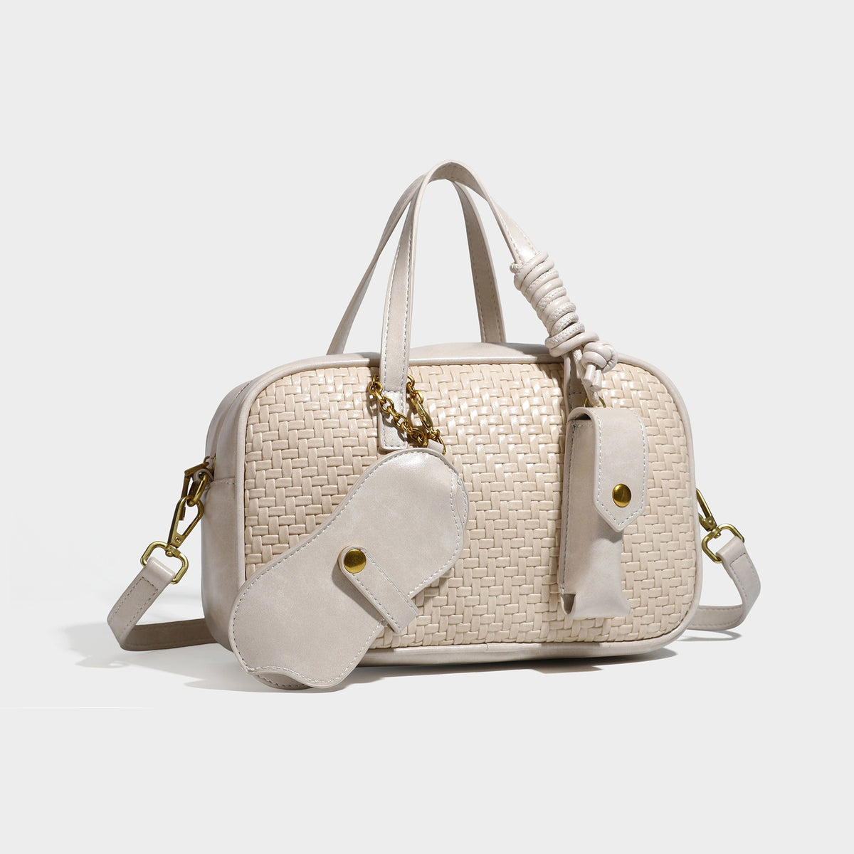 Strukturierte, rechteckige Satchel-Bag mit geflochtenem Frontpanel in Lederoptik, goldfarbenen Beschlägen, zwei Tragegriffen und abnehmbarem