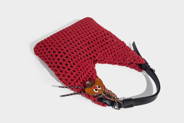 Slouchy open-knit crochet hobo tote bag with leather-look top handle and metal buckle hardware, detail view 29