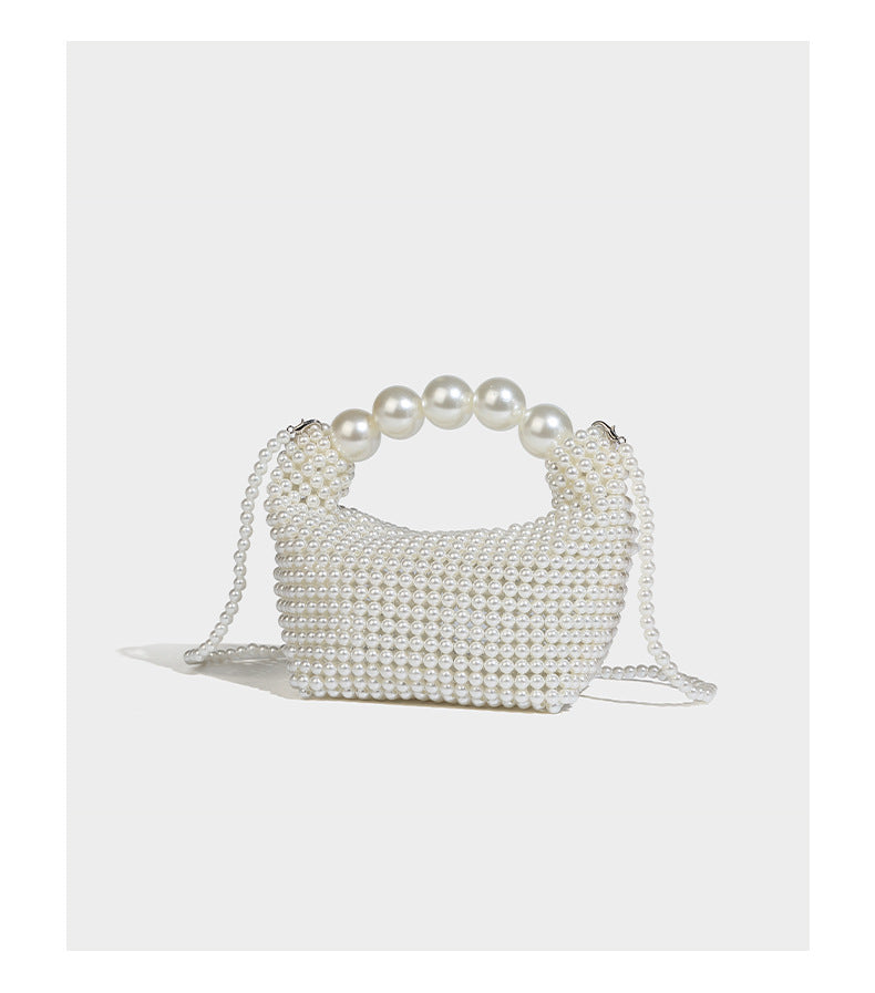 Kleine formstabile Mini-Henkeltasche mit Kunstperlenbesatz, übergroßem Perlenbogenhenkel und abnehmbarem Perlen-Crossbody-Riemen