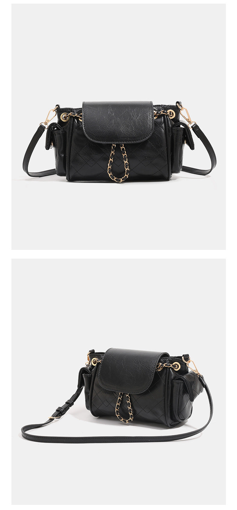 Small quilted leather-look flap bag with gold-tone chain strap and diamond stitch pattern, detail view 11