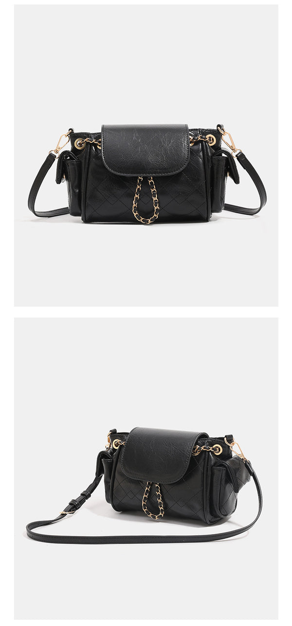 Small quilted leather-look flap bag with gold-tone chain strap and diamond stitch pattern, detail view 11