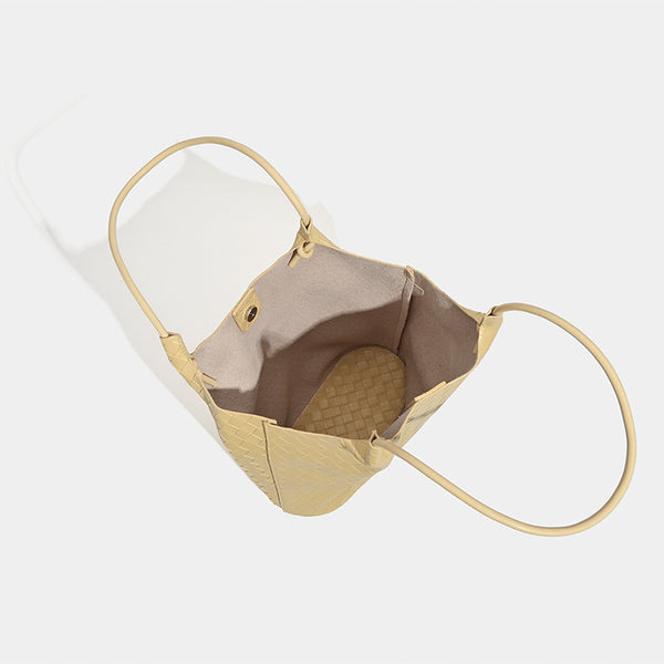 Large woven-texture open-top tote bag with single shoulder strap in butter yellow, detail view 4