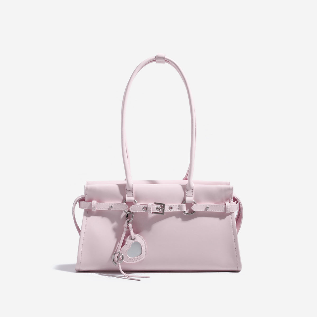 Structured rectangular baguette shoulder bag with glossy leather-look finish, silver buckle and rivet hardware, looped top