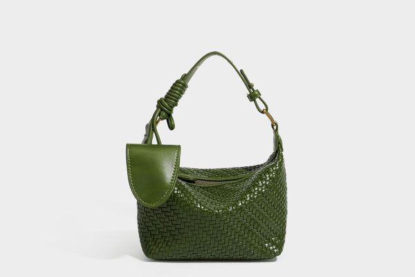 Small glossy basket-weave hobo shoulder bag in brown with knotted top handle, flap accent pocket, and gold-tone hardware