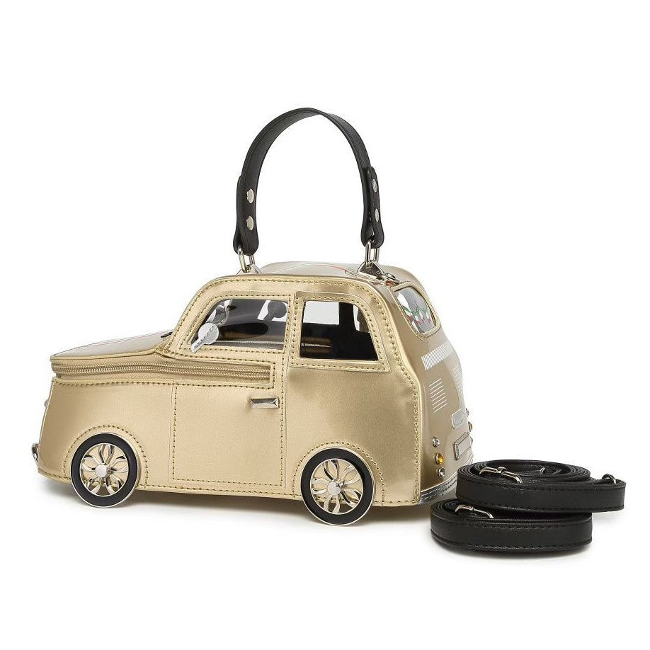 Mini car-shaped structured top-handle bag with glossy patent-look finish, decorative spoke wheels, clear window panels, and
