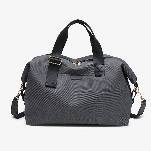 Structured woven duffel bag with dual tan webbing handles, detachable shoulder strap, top zip closure, and gold-tone