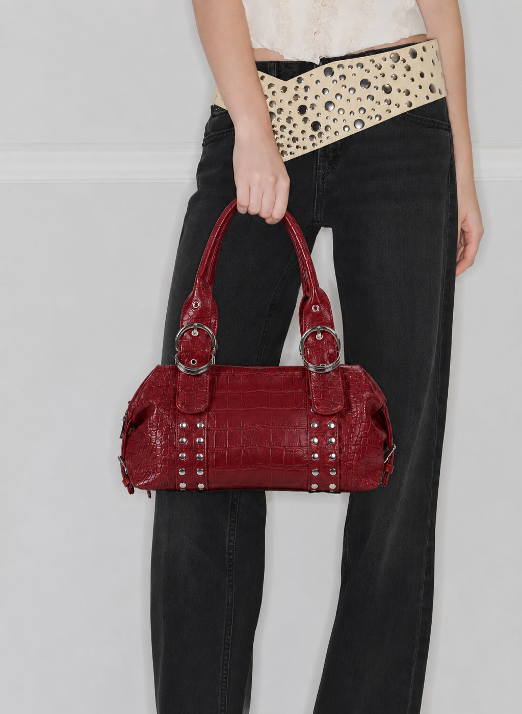 Croc-embossed leather-look barrel satchel bag with silver ring buckle hardware and stud panel trim, detail view 8