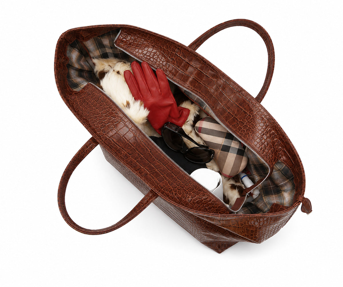 Oversized glossy crocodile-embossed tote bag with long double shoulder straps, detail view 14