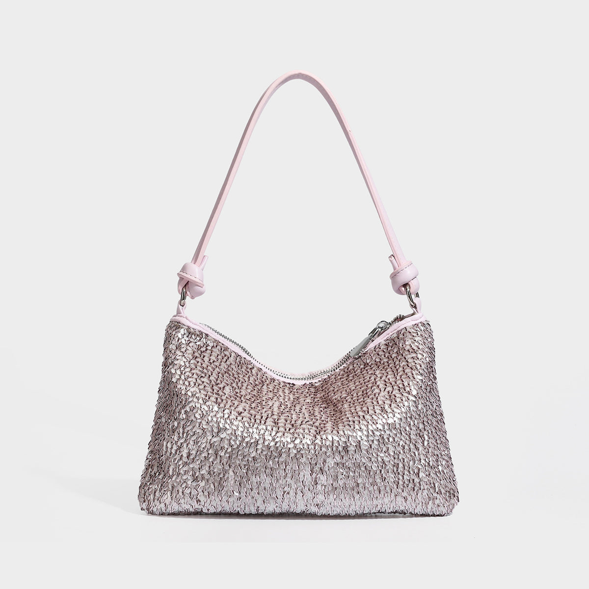Small sequin hobo shoulder bag with knotted strap and zip closure, detail view 49