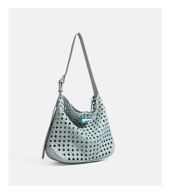 Brown open-lattice woven leather-look hobo shoulder bag with braided strap and matching zip pouch, detail view 26