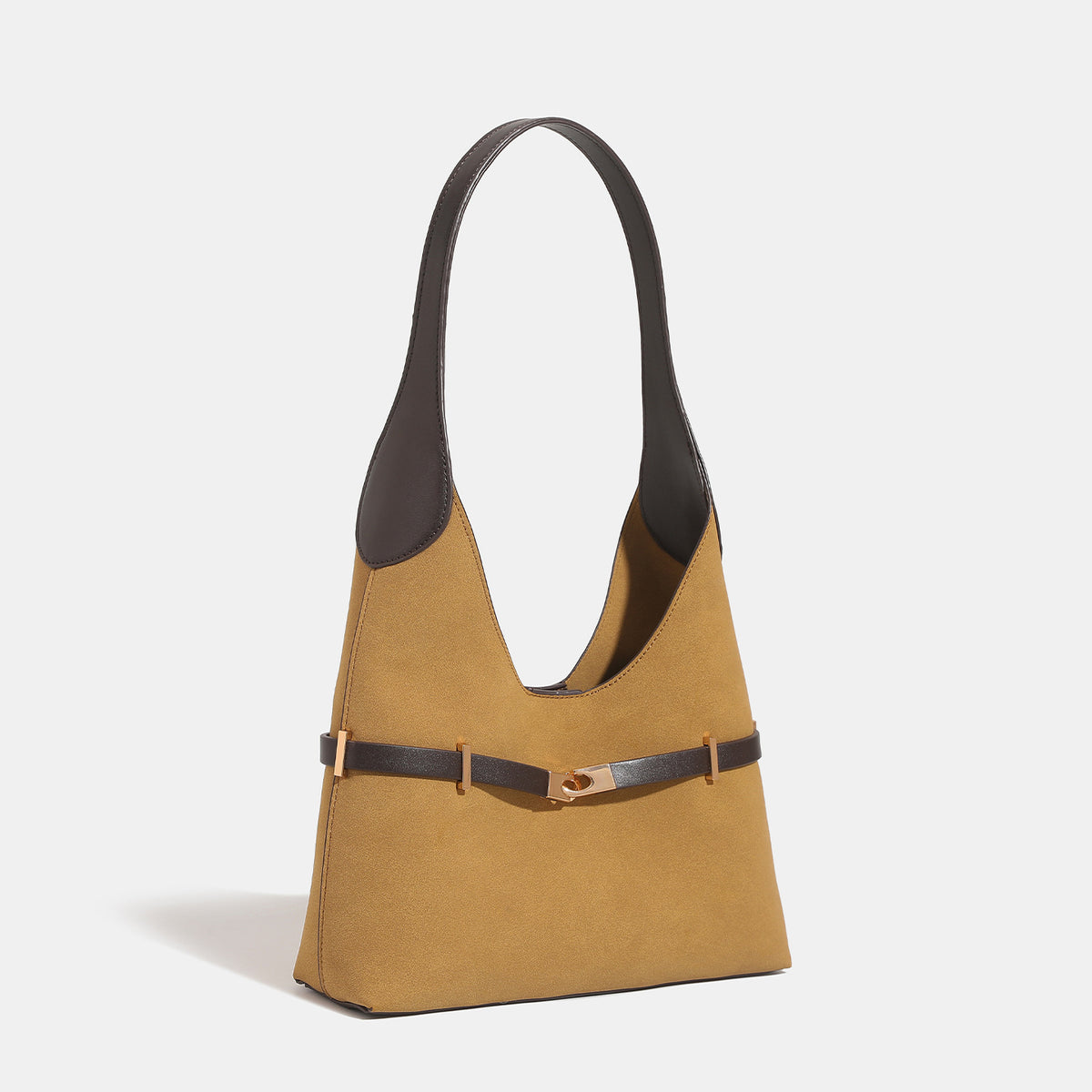 Mustard matte suede-finish hobo shoulder bag with dark brown leather-look trim and rose gold belt clasp, detail view 2