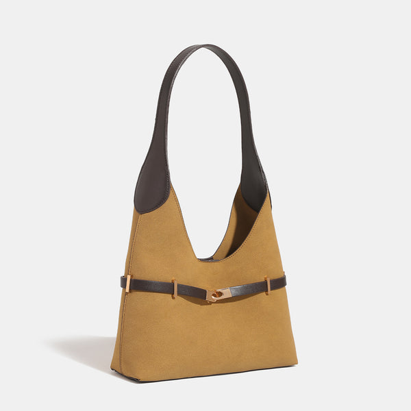 Matte Hobo-Schultertasche in Senfgelb mit Velourslederoptik, dunkelbraunem Besatz in Lederoptik und Gürtelschließe in Roségold, Detailansicht 2