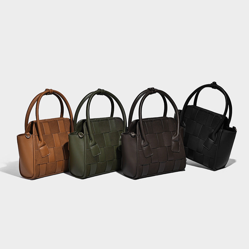 Small structured woven-panel mini tote bag with double top handles and detachable crossbody strap in matte leather-look