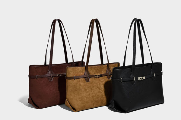 Structured suede-look shopper tote with wraparound belt strap and gold turn-lock clasp, long dark brown shoulder handles