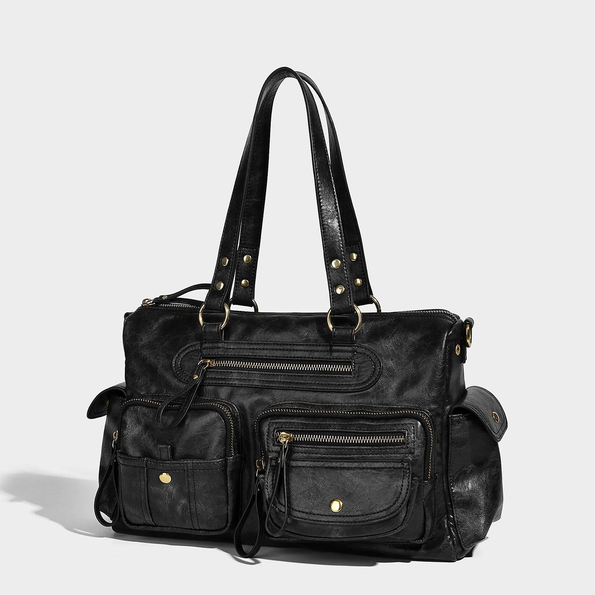Distressed leather-look vintage satchel shoulder bag with multiple front zip pockets, dual top handles, and brass-tone