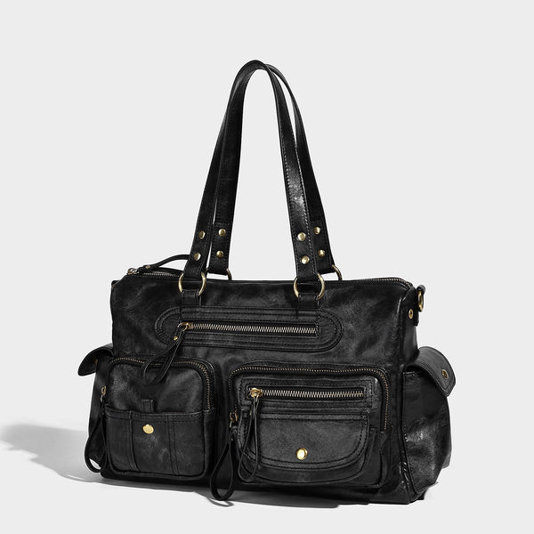 Distressed leather-look vintage satchel shoulder bag with multiple front zip pockets, dual top handles, and brass-tone