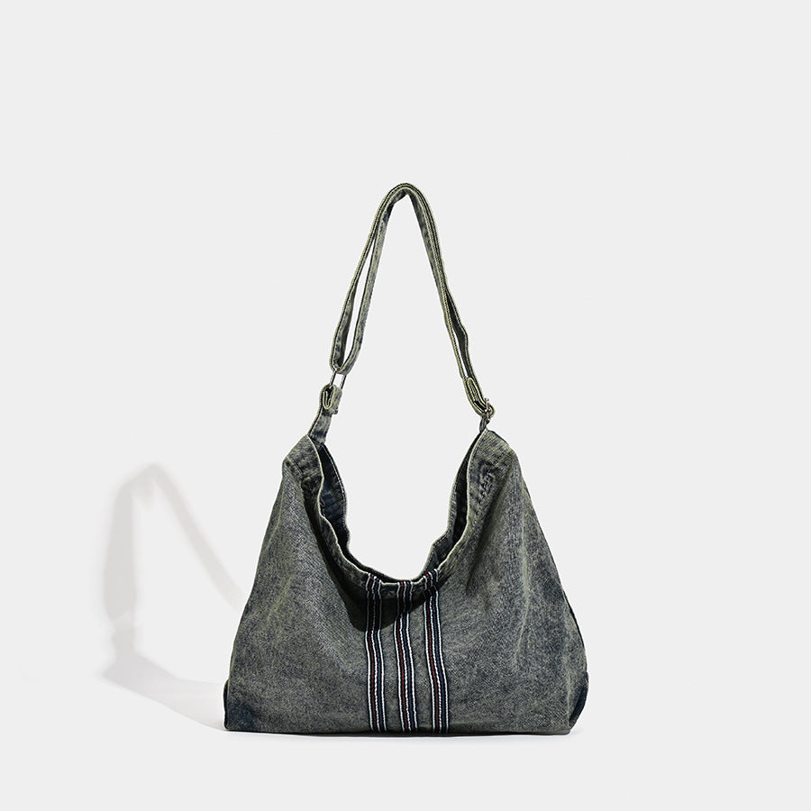 Oversized washed denim hobo shoulder bag with contrast stripe stitching and wide adjustable strap, detail view 7