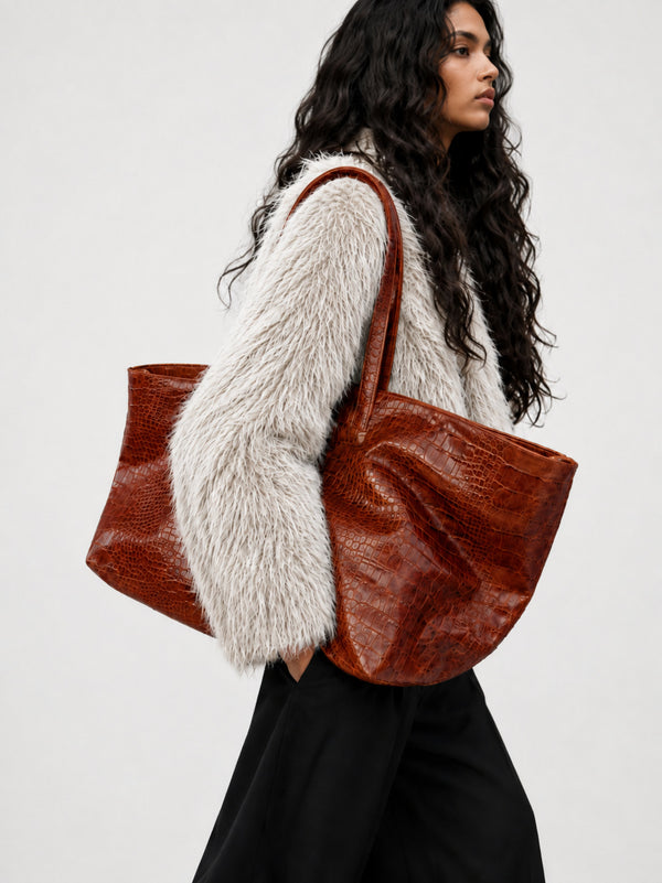 Oversized glossy crocodile-embossed tote bag with long double shoulder straps, detail view 13