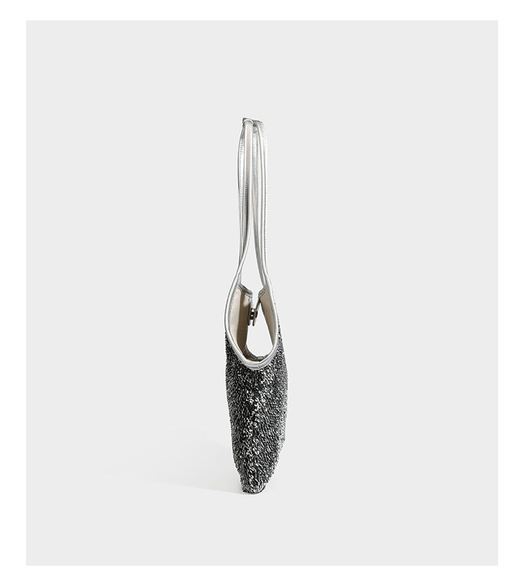 Kleine Schulter-Tote-Bag mit Pailletten, langem Metallic-Riemen und trapezförmiger Silhouette, Detailansicht 13