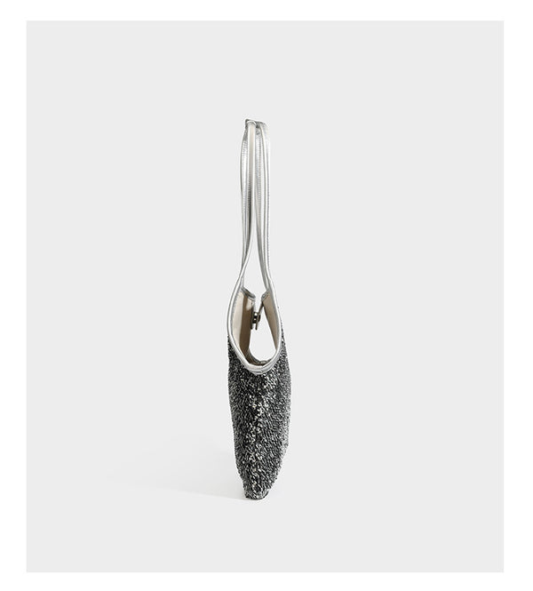 Kleine Schulter-Tote-Bag mit Pailletten, langem Metallic-Riemen und trapezförmiger Silhouette, Detailansicht 13