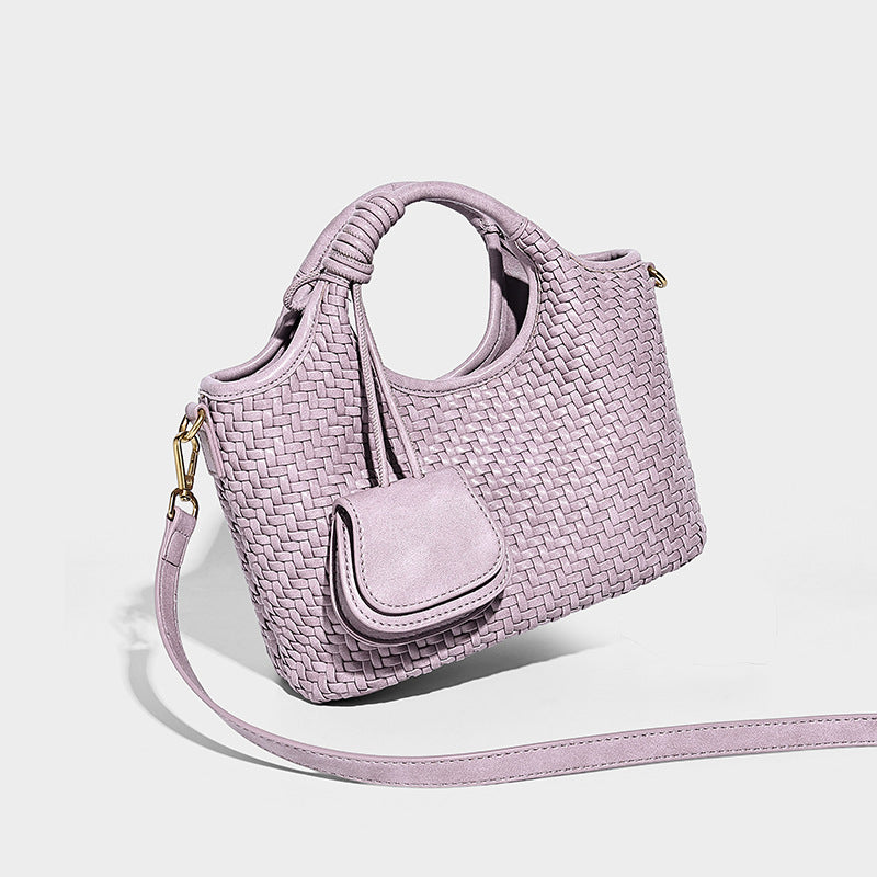 Woven texture tote bag with knotted top handles, attached front mini pouch, and gold-tone hardware, detail view 14