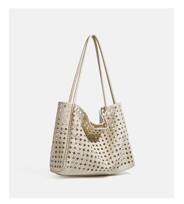 Slouchy open-lattice woven shoulder tote bag with long braided straps and matching zip pouch, detail view 15