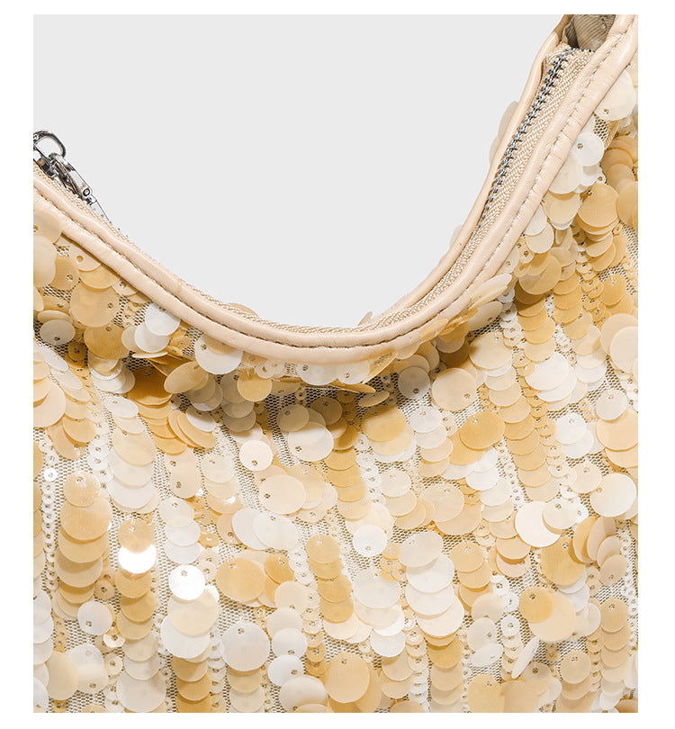 Small crescent sequin shoulder bag with pearl beaded strap and zip closure, detail view 21