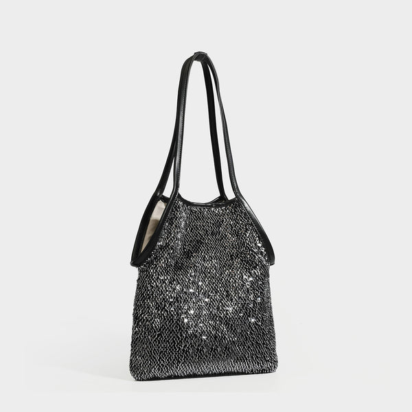 Kleiner Schulter-Shopper mit Pailletten, langem Metallic-Riemen und trapezförmiger Silhouette, Vorderansicht