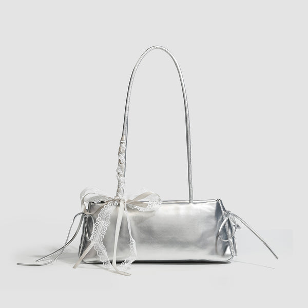 Compact glossy leather-look shoulder bag with lace bow and ribbon trim, detail view 8