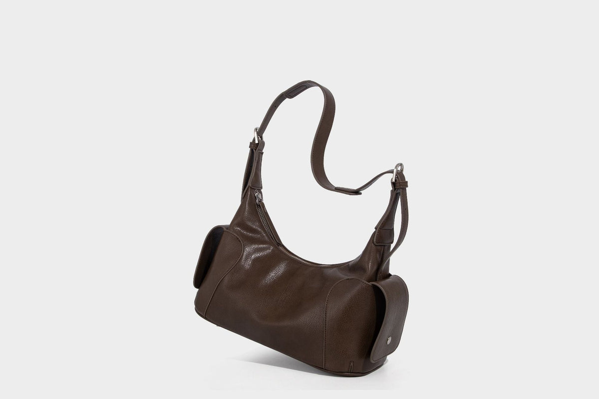 Soft pebbled leather-look hobo shoulder bag with zip top closure, side flap pockets, and silver-tone hardware, detail view 30