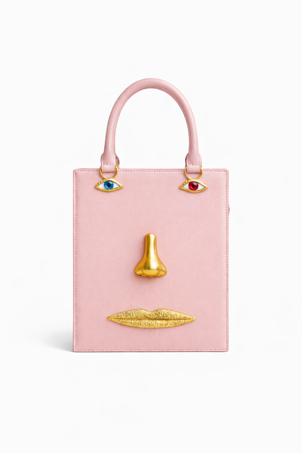 Structured rectangular top-handle bag in tan leather-look finish with gold-tone sculptural face hardware including