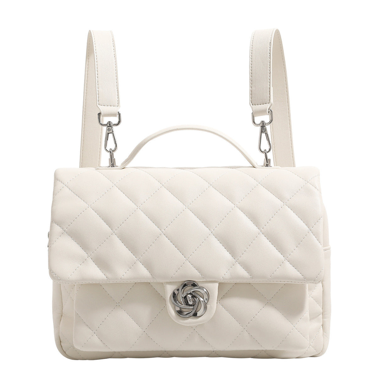 Diamond-quilted flap backpack handbag with silver-tone flower turn-lock, top handle, and dual shoulder straps, detail view 5