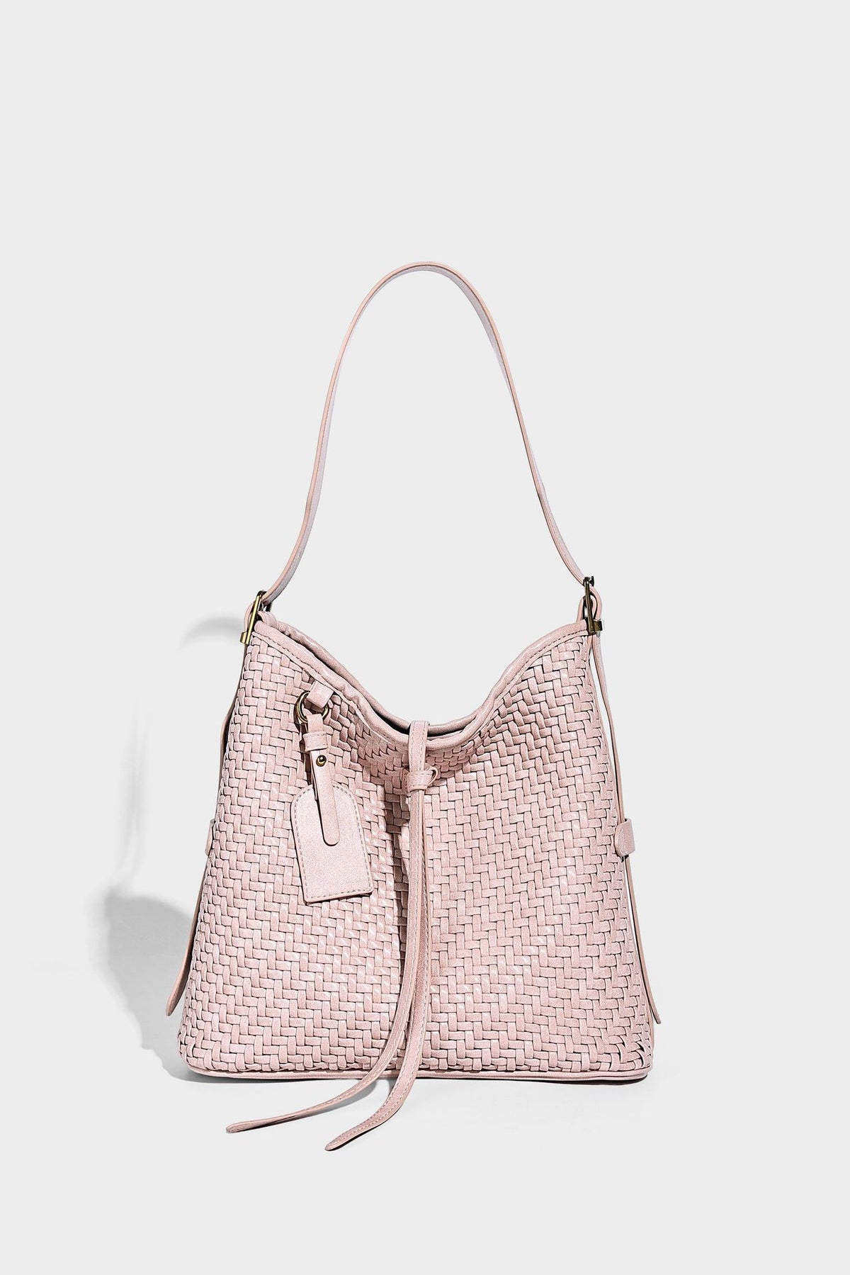 Slouchy woven-texture bucket shoulder bag with tassel tie closure and gold-tone hardware, detail view 25